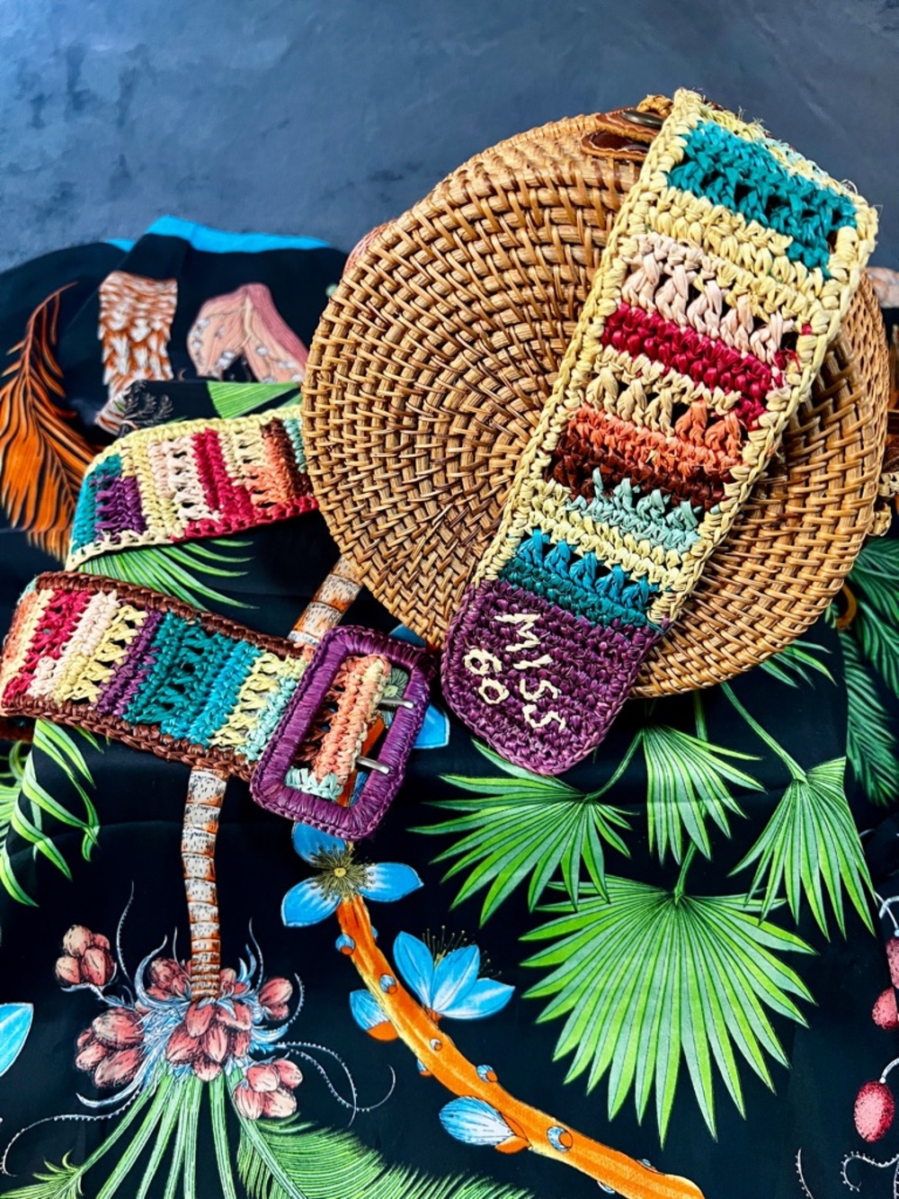 Miss‎ Sixty Y2K Multicolor Woven Braided Wide Boho Festival Hippie Raffia Belt L